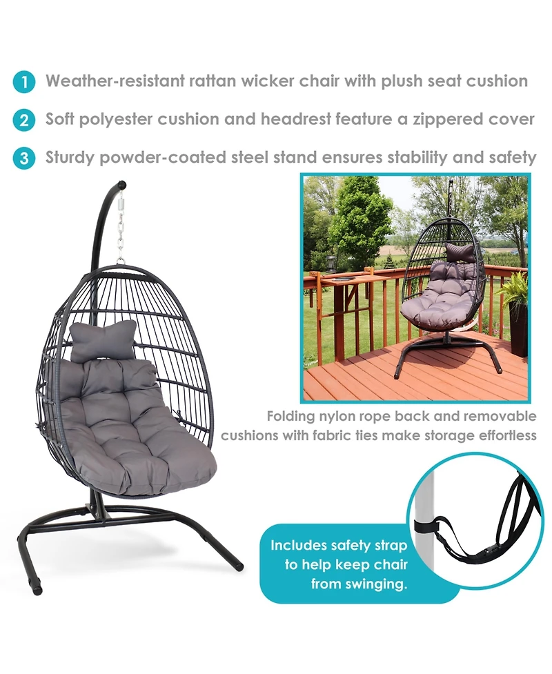 Outdoor Resin Wicker Patio Julia Hanging Basket Egg Chair Swing with Cushions, Headrest, and Steel Stand Set - 3pc