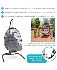 Outdoor Resin Wicker Patio Julia Hanging Basket Egg Chair Swing with Cushions, Headrest, and Steel Stand Set - 3pc