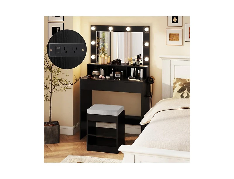 Slickblue Vanity Table Set with Lighted Mirror and Cushion Stool-Black