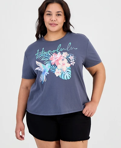 Rebellious One Trendy Plus Honolulu Rhinestone Printed-Graphic Tee