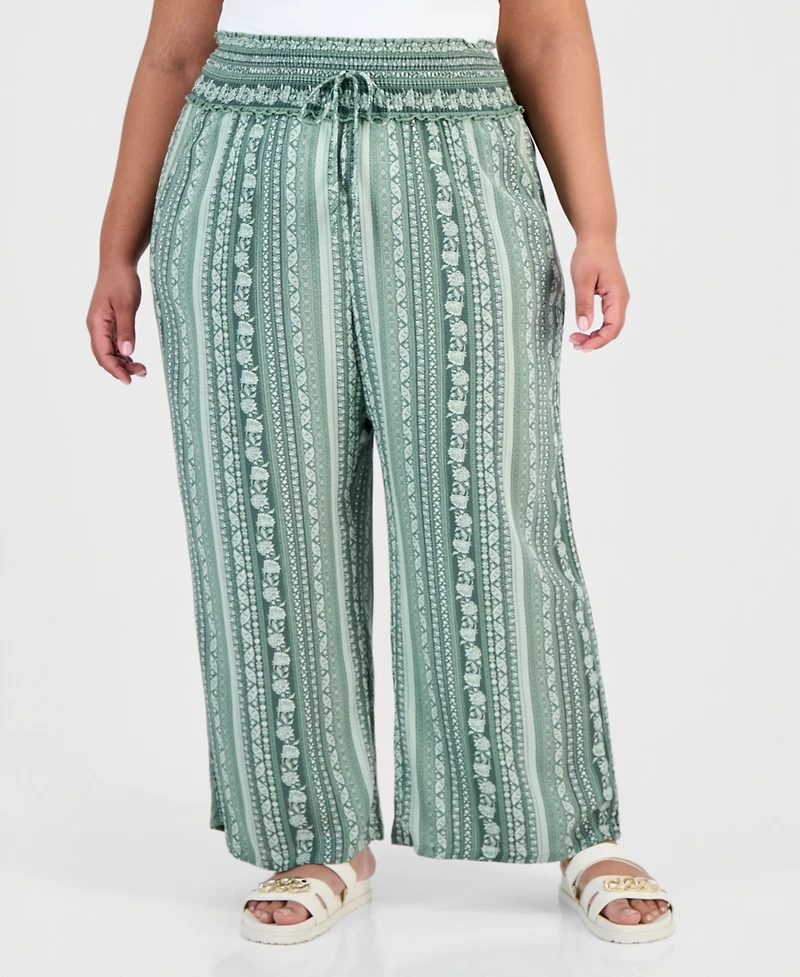 Kingston Grey Trendy Plus Printed Smocked-Waist Wide-Leg Pants