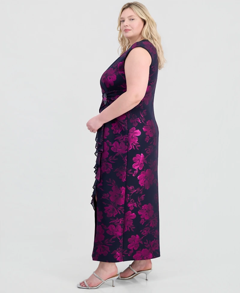 Connected Plus Ruffled Brooch-Embellished Dress