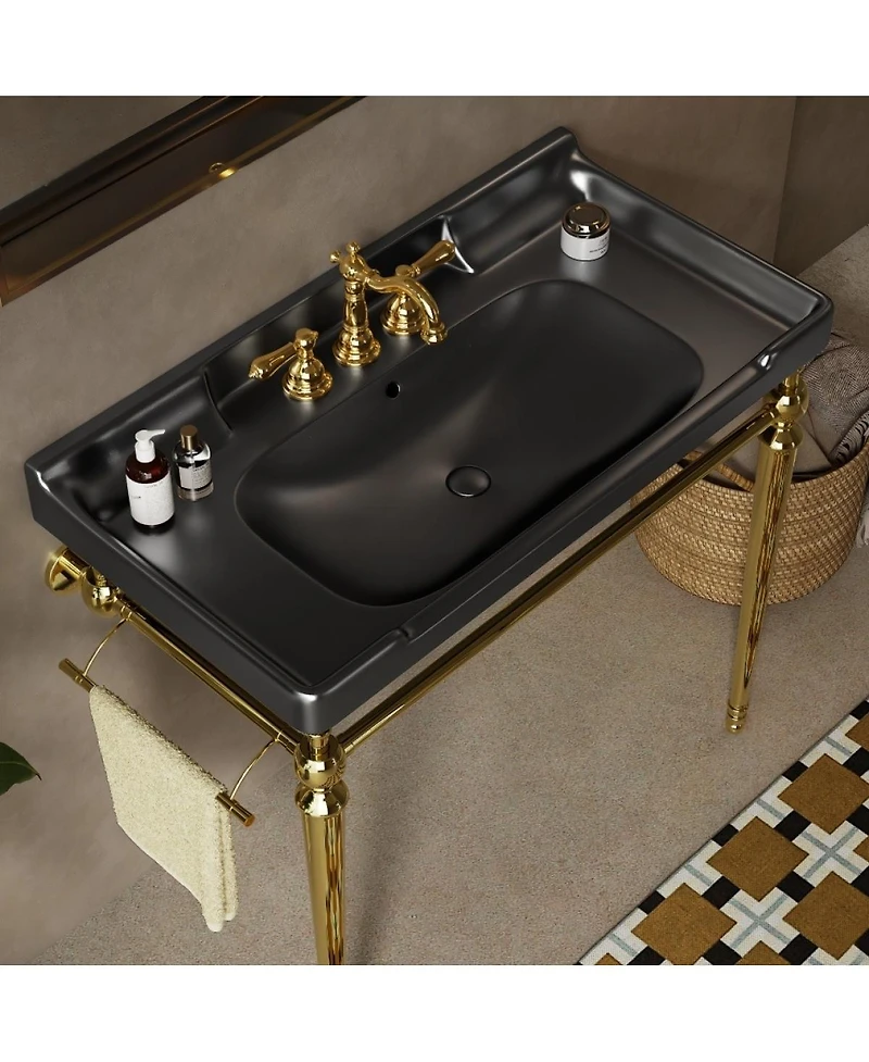 Sillysis 36" Bathroom Console Sink with Black Ceramic Vanity, Wall Mounted Basin & Stainless Steel Legs, Towel Bar Included