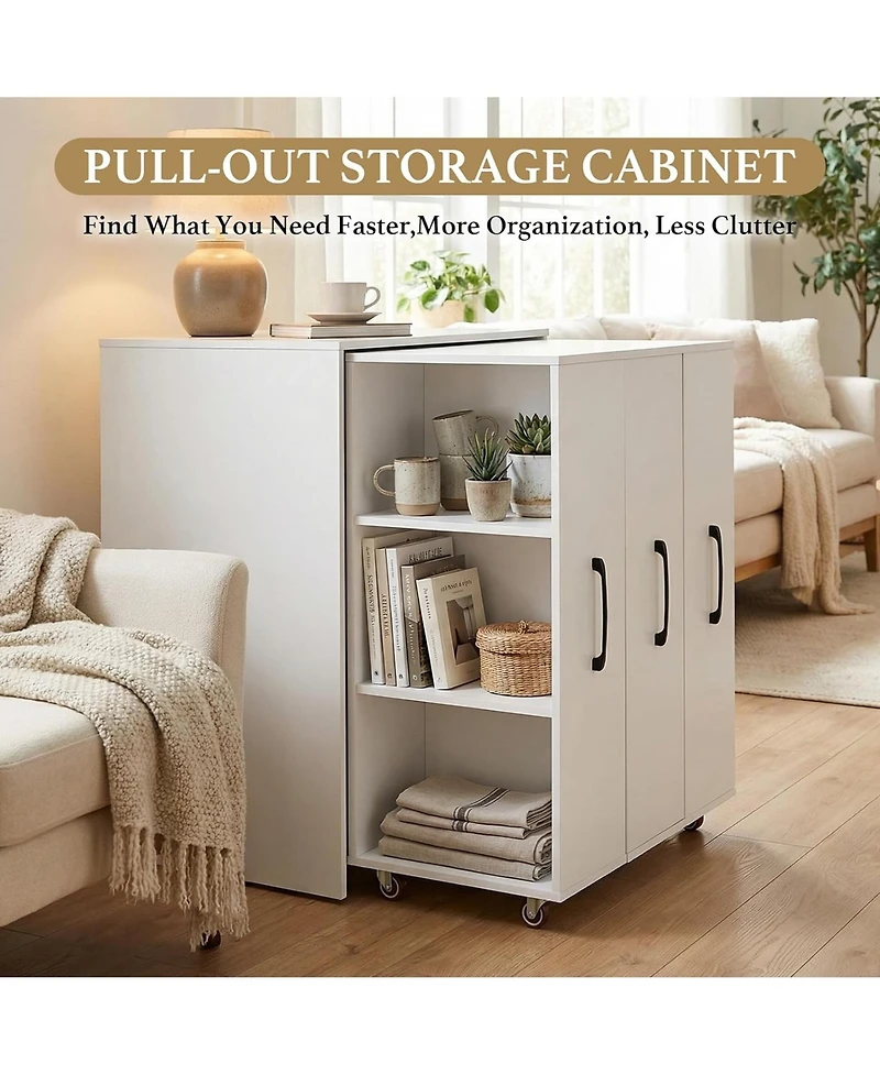Rainsken 3-Tier Rolling Bookcase with Pull-Out Doors, Hidden Storage Cabinet with Wheels for Home Office, Living Room