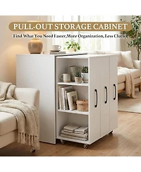 Rainsken 3-Tier Rolling Bookcase with Pull-Out Doors, Hidden Storage Cabinet with Wheels for Home Office, Living Room