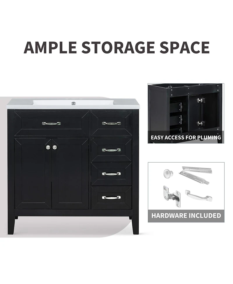 Sillysis 36" Bathroom Vanity with Ceramic Sink, Solid Wood Frame, Storage Cabinet & Drawers for Modern Bathrooms