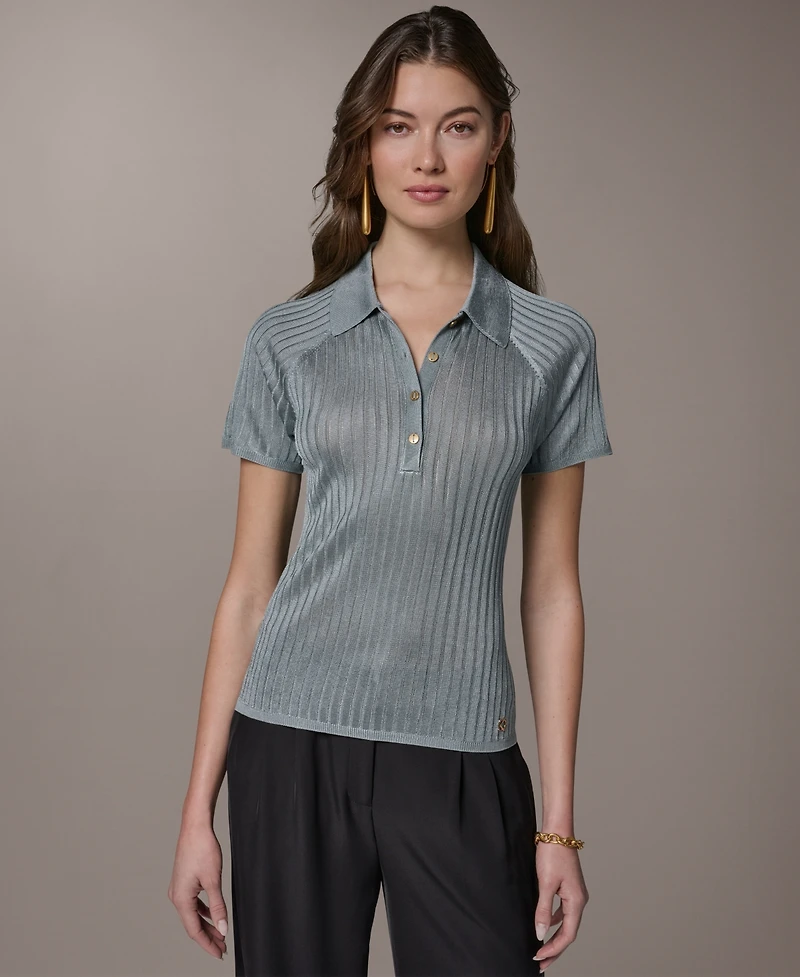 Donna Karan New York Petite Short-Sleeve Polo Sweater Top