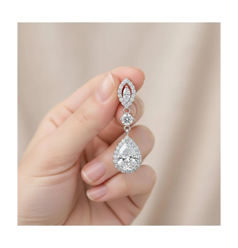 Sterling Silver with Rhodium Plated Clear Pear with Round and Marquise Cubic Zirconia Accent Dangle Earrings