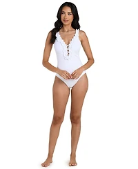La Blanca Women's Island Goddess Ruffle Plunge One-Piece Swimsuit