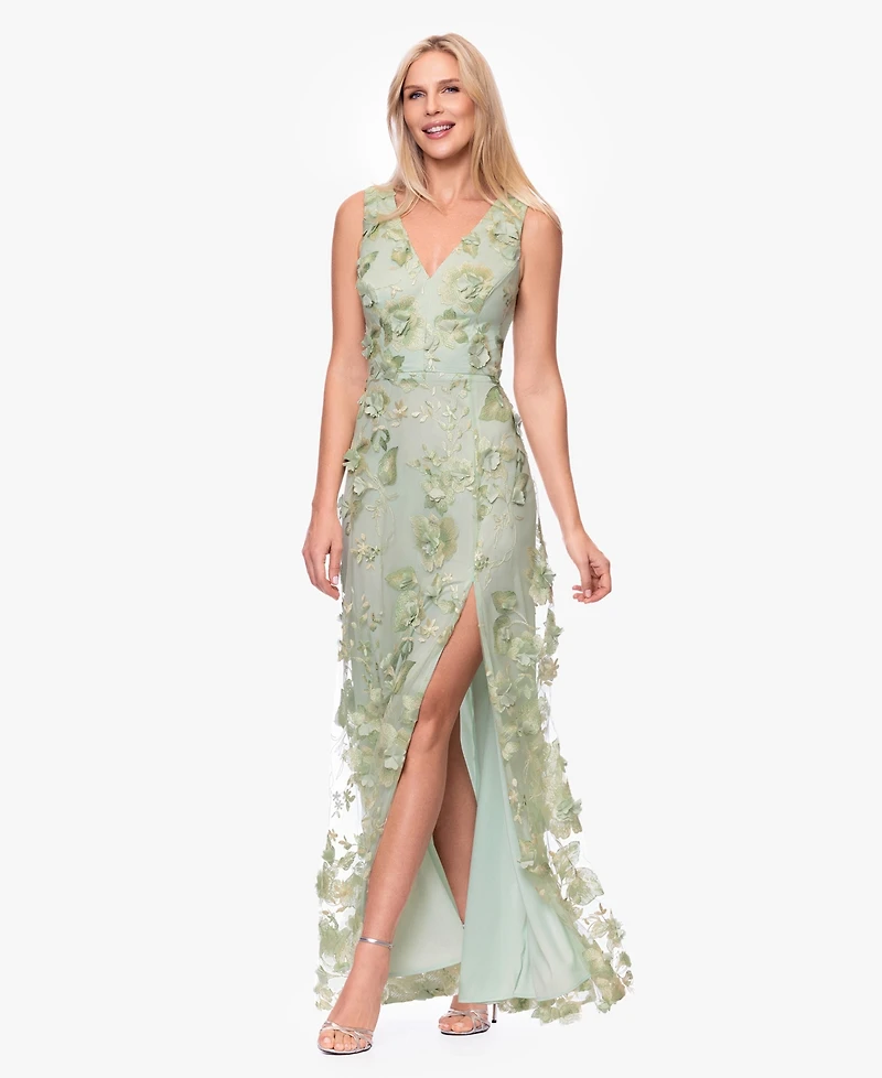 Xscape Women's V-Neck 3D Embroidered Gown