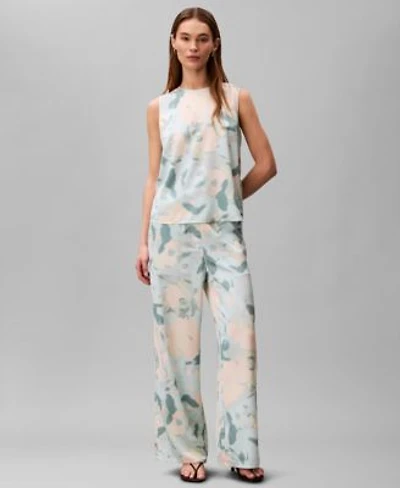 Calvin Klein Womens Satin Printed Sleeveless Top Printed Pull On Wide Leg Pants