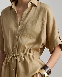 Lauren Ralph Petite Linen Drawcord-Waist Collared Tunic Top