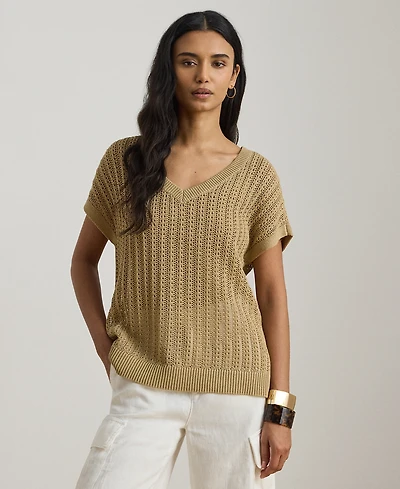 Lauren Ralph Petite V-Neck Open-Knit Sweater