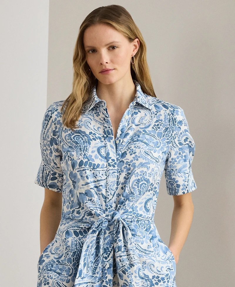 Lauren Ralph Petite Paisley-Print Tie-Front Collared Shirt Dress