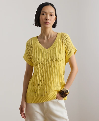 Lauren Ralph Petite V-Neck Open-Knit Sweater