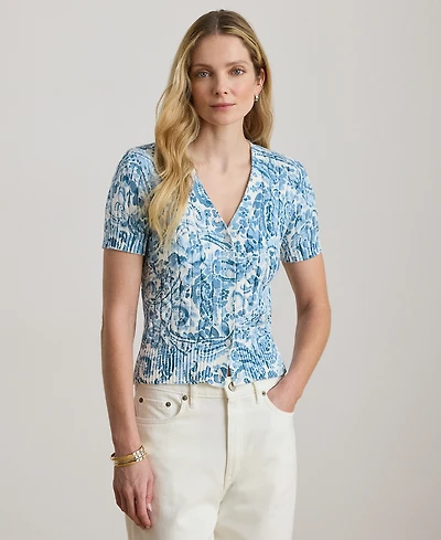 Lauren Ralph Petite Paisley-Print Cable-Knit V-Neck Cardigan