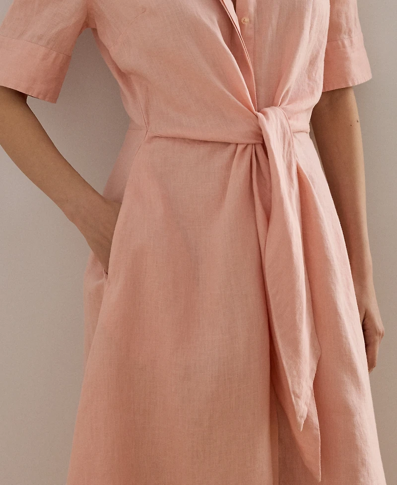 Lauren Ralph Petite 100% Linen Tie-Front Shirtdress