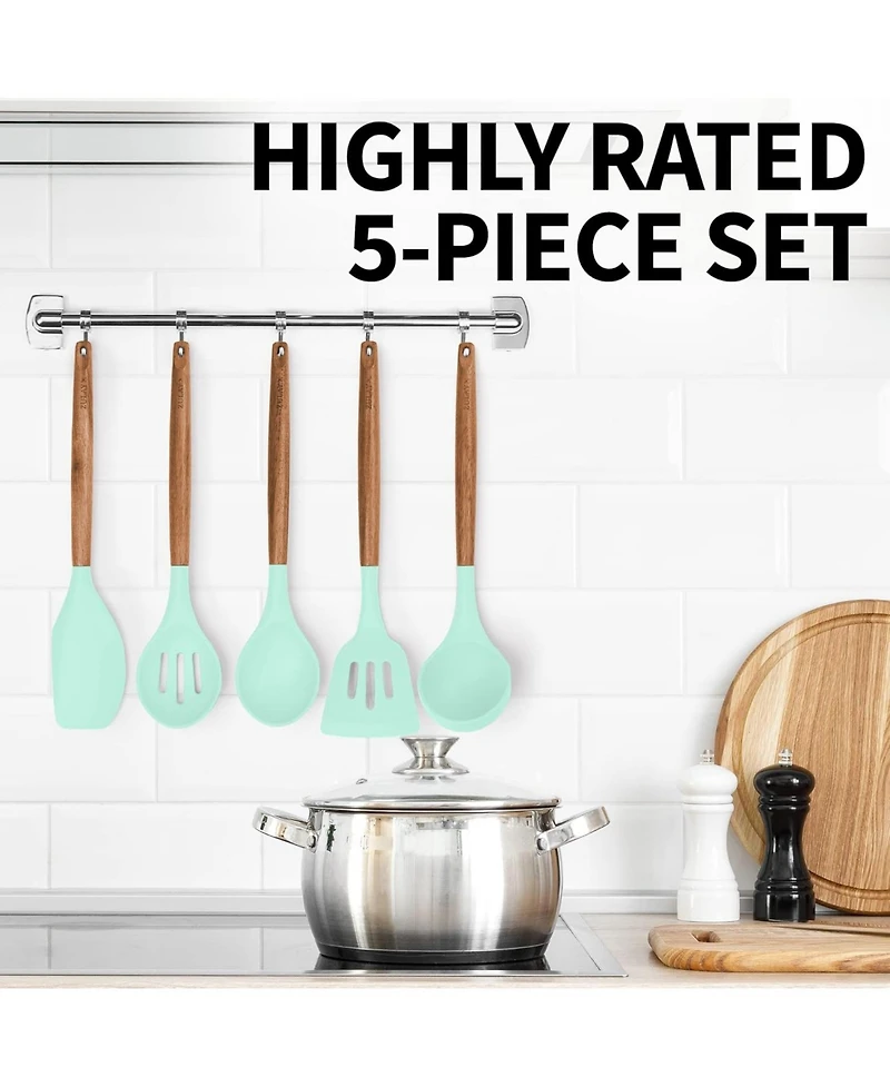 5 Piece Silicone Utensils Set with Authentic Acacia Wood Handles