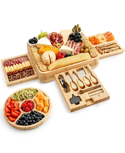 Premium Bamboo Cheese Board Deluxe Set with 4 Piece Knife Set