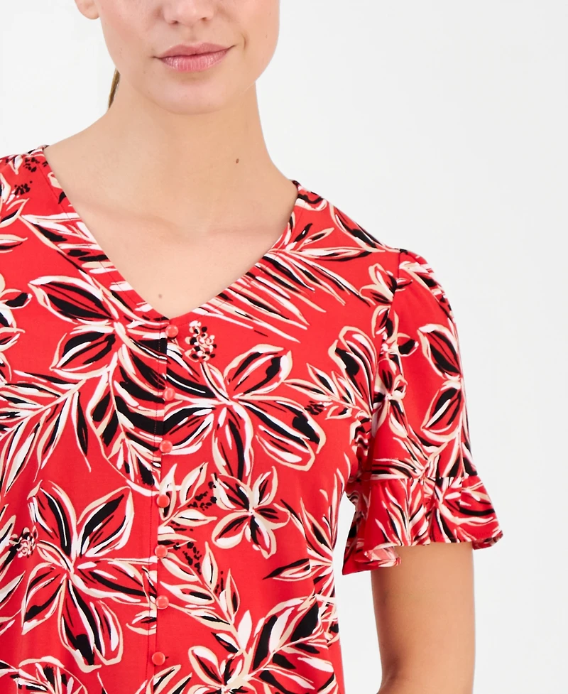 Anne Klein Essentials Petite Printed Ruffled-Sleeve Top