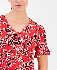 Anne Klein Essentials Petite Printed Ruffled-Sleeve Top