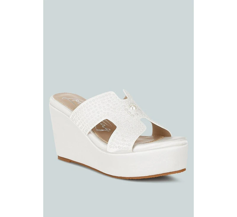 Renier Satin Pearl Detail Wedge Sandals