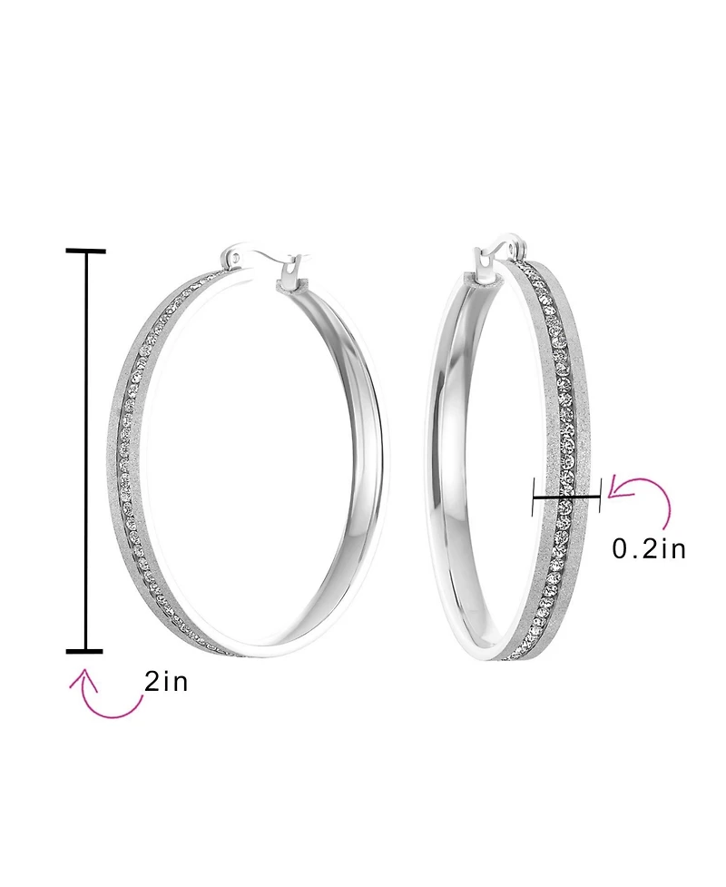 Bling Jewelry Round Channel Set Cz Large Hoop Earrings Stardust Brush Matte Finish Gold Plated Stainless Steel 2 Diameter