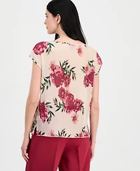 Tahari Asl Women's Pleated Floral Boat-Neck Top