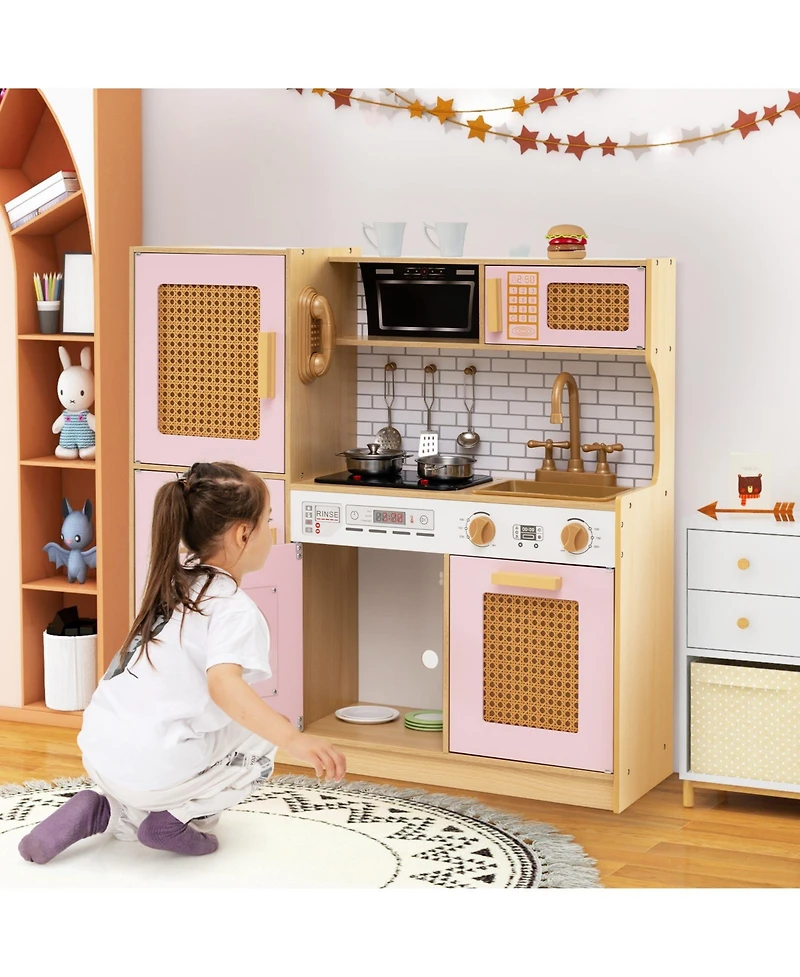 Mecale Kids Wooden Kitchen Playset with Realistic Lights & Sounds, Fun Interactive Toy