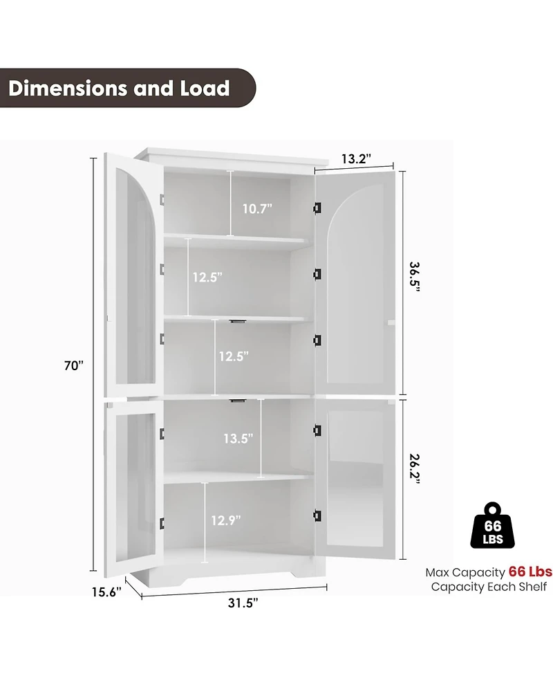 gaomon Kitchen Pantry Cabinet Modern Display Cabinet with 4 Arched Glass Doors and Adjustable Shelves