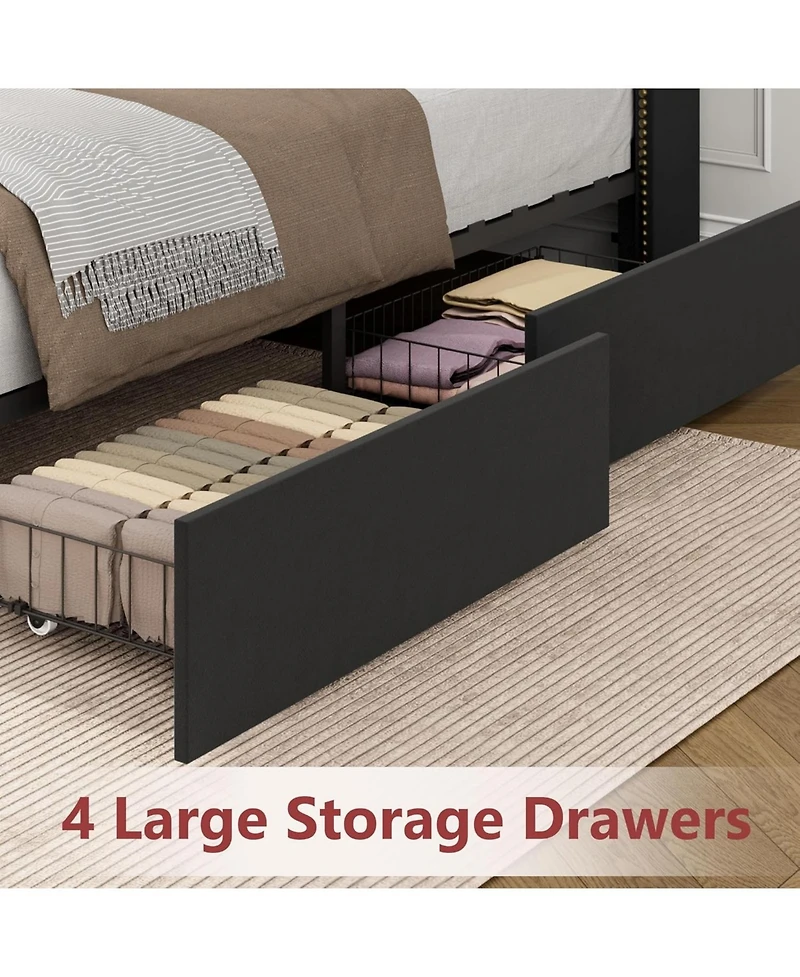 gaomon King Size Bed Frame with 4 Storage Drawers, Velvet Fabric Upholstered Platform Bed with Tufted Headboard, Wooden Slats, No Box Spring Required