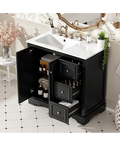 Sillysis 36" Transitional Bathroom Vanity with Ceramic Sink, Solid Wood & Mdf, 2 Soft-Close Doors, 3 Drawers, Adjustable Shelf for Storage