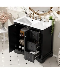 Sillysis 36" Transitional Bathroom Vanity with Ceramic Sink, Solid Wood & Mdf, 2 Soft-Close Doors, 3 Drawers, Adjustable Shelf for Storage