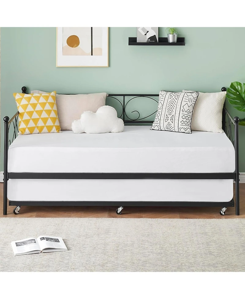 gaomon Daybed with Trundle, Modern Metal Daybed with Classic Headboard, Steel Slat Support Sofa Bed for Bedroom, Living Room, Guest Room