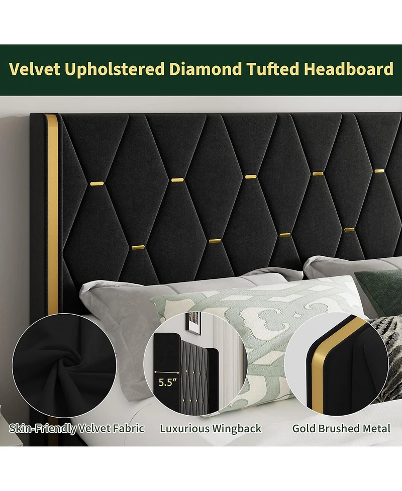 gaomon Lift Up Storage Bed Frame with with Gold Wingback Headboard.