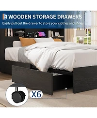 gaomon Bed Frame with High Storage Bookcase Headboard, Wood Bed Frame with 4 Storage Drawers, Built in Charging Station, No Box Spring Needed