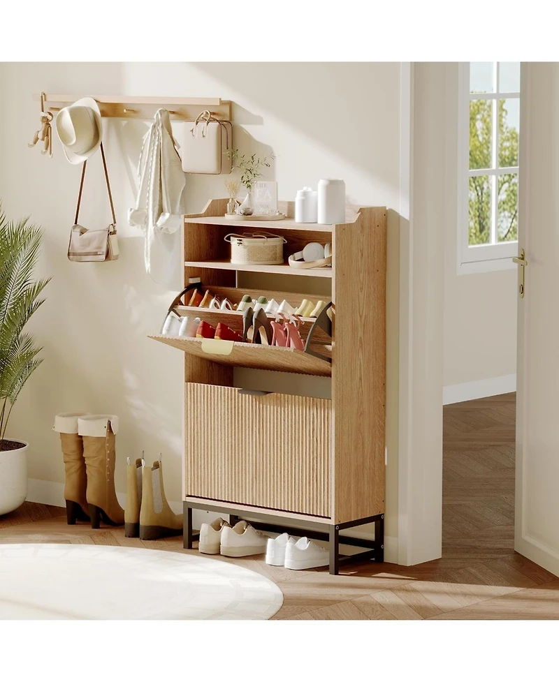 gaomon Modern Fluted Shoe Storage Cabinet with 2 Flip Drawers and Open Shelf Freestanding Narrow Shoe Rack Organizer for Hallway Entryway