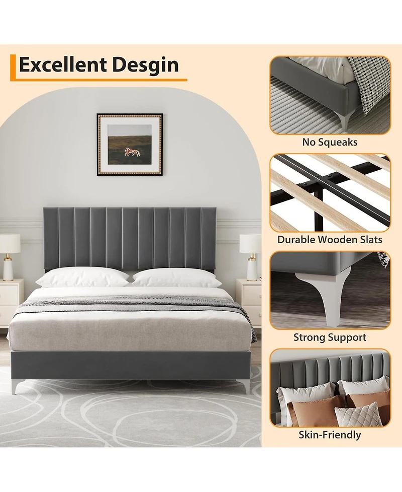 gaomon Queen Velvet Platform Bed with Adjustable Headboard