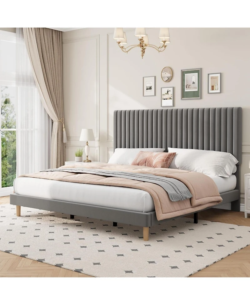 gaomon King Bed Frame with Adjustable Headboard, Velvet Upholstered Platform King Size Bed Frame, Vertical Channel Tufted