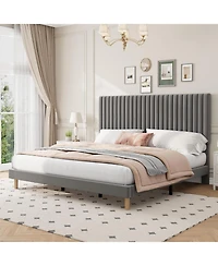 gaomon King Bed Frame with Adjustable Headboard, Velvet Upholstered Platform King Size Bed Frame, Vertical Channel Tufted