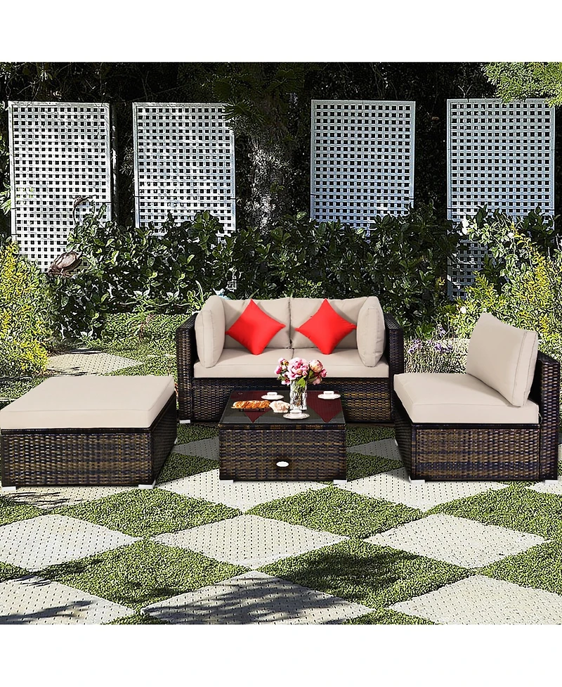 Gymax 5PCS Rattan Sectional Sofa Set Patio Furniture Set w/ Cushion Pillow