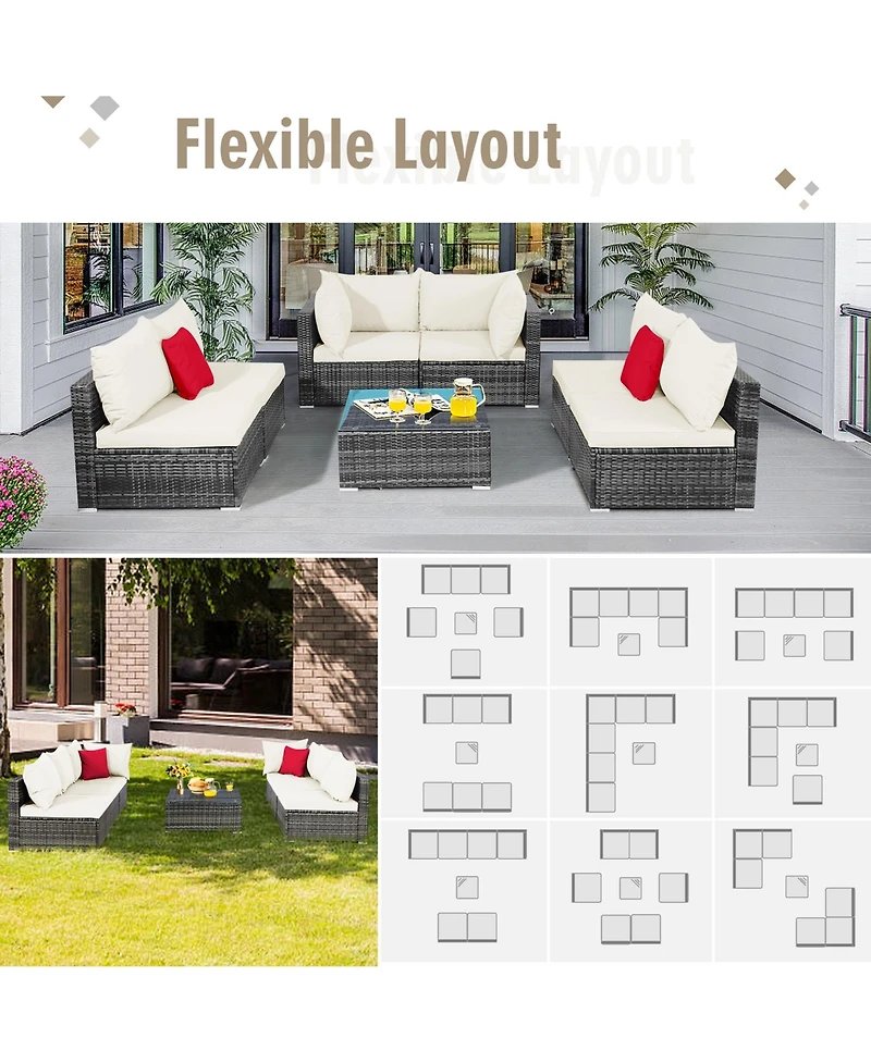 Gymax 7PCS Pe Rattan Patio Sectional Sofa Conversation Set w/ Cushions