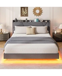 gaomon Full Floating Bed Frame with Led Lights Charging Station Storage Headboard Folding Shelves Metal Slats