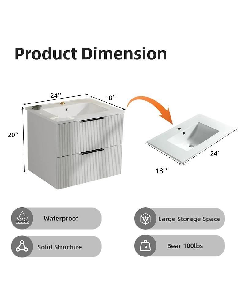 Sillysis 24" Wall Mounted Bathroom Vanity with Ceramic Sink, Fluted Mdf Cabinet & Drawers for Modern Bathrooms