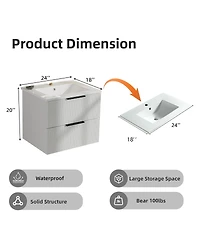Sillysis 24" Wall Mounted Bathroom Vanity with Ceramic Sink, Fluted Mdf Cabinet & Drawers for Modern Bathrooms