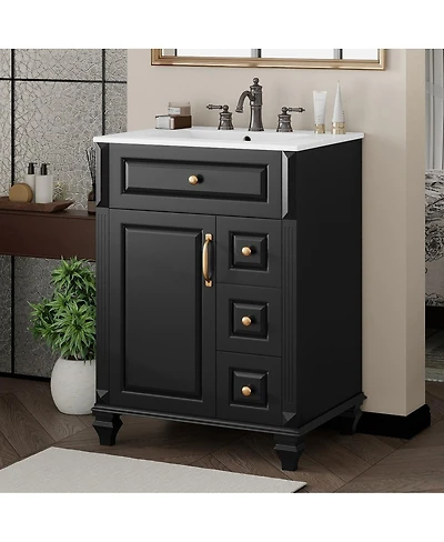 Sillysis 24 Inch Freestanding Bathroom Vanity with Ceramic Sink, Flip Drawer Storage and Adjustable Shelf for Small Spaces