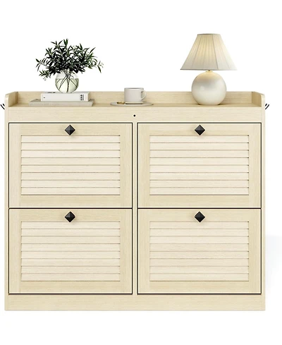 Homfan Large Shoe Storage Cabinet with 4 Flip Drawers, Freestanding Narrow Shoe Organizer with Hooks and Storage, Hidden Shoe Organizer