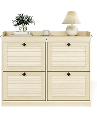 Homfan Large Shoe Storage Cabinet with 4 Flip Drawers, Freestanding Narrow Shoe Organizer with Hooks and Storage, Hidden Shoe Organizer