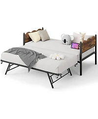 gaomon Daybed with Trundle, Metal Slat Support, Lockable Casters, Wavy Wood Grain Headboard, Space-Saving Sofa Bed for Living/Guest Room