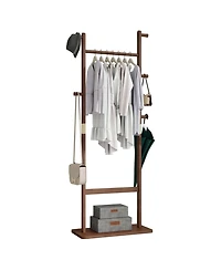 Rainsken Tree Stand Coat Rack, Freestanding Wood Clothes Rack with 2 Hanging Bars, 5 Hooks and Shoe Storage for Entryway, Living Room